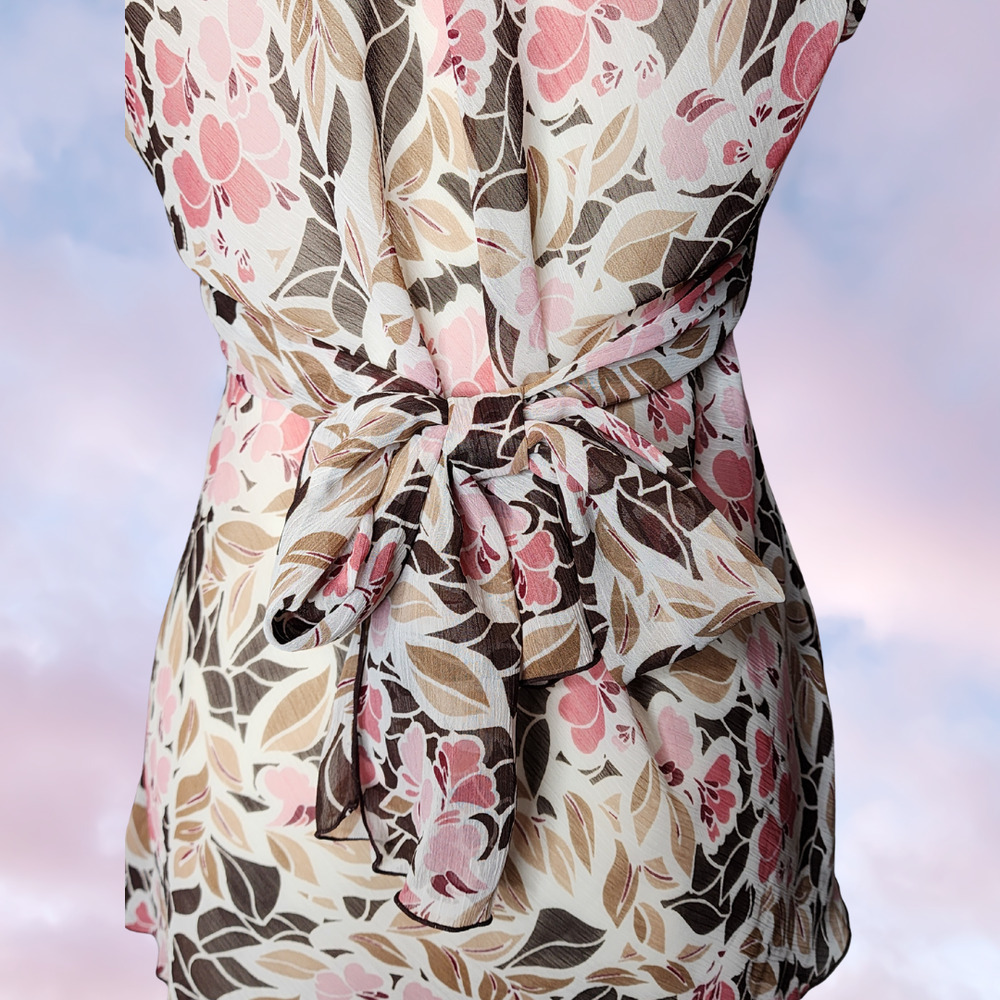 Y2k 2000 Vtg iz Byer Cali Floral Short Sleeve V-Neck Tie Back Chiffon Mesh Top L - Picture 6 of 8